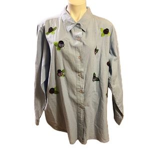 Quacker factory ladybug beaded long sleeve button up shirt